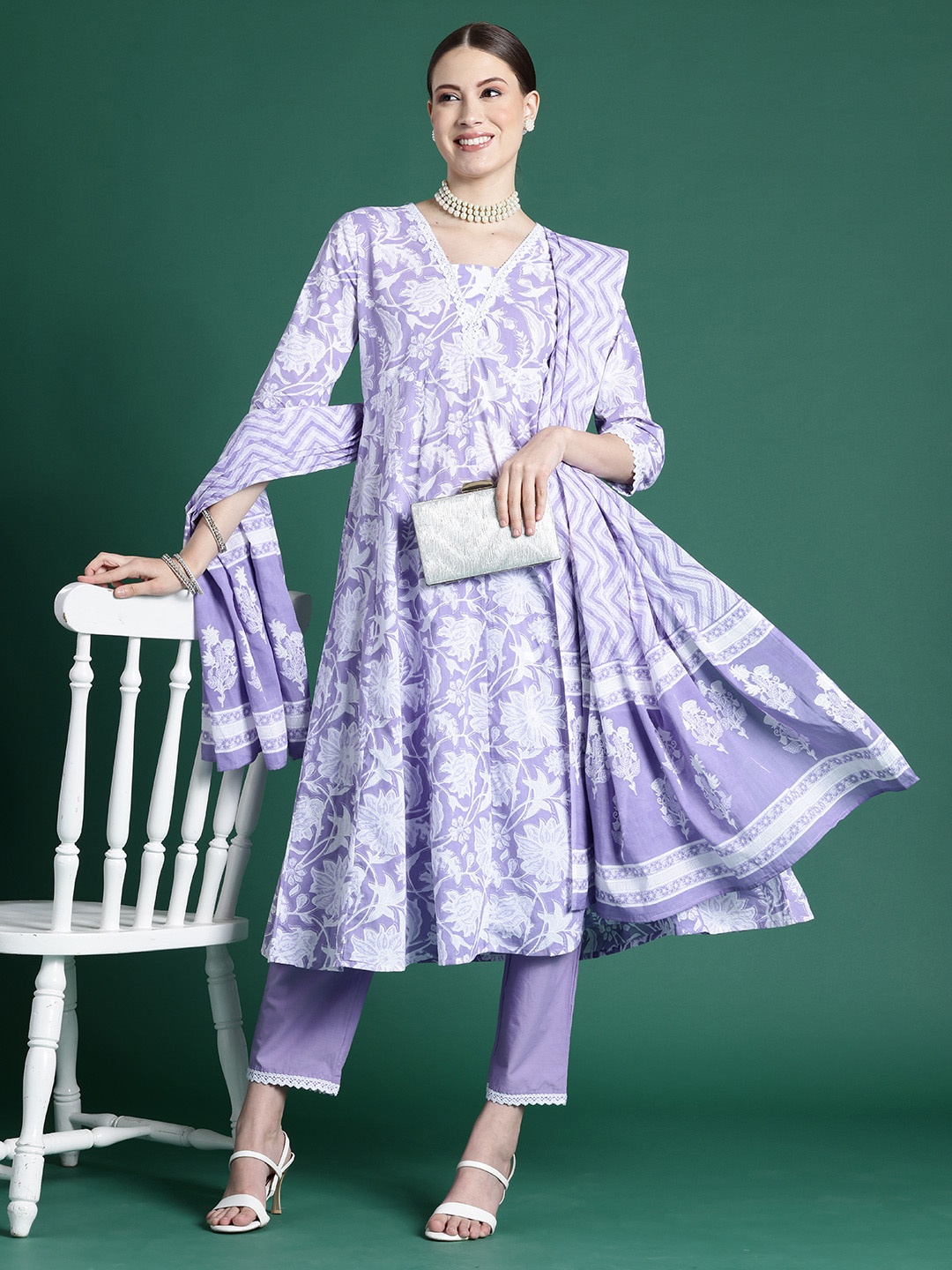 

Indo Era Floral Printed Pure Cotton Kurta With Trousers & Dupatta, Purple