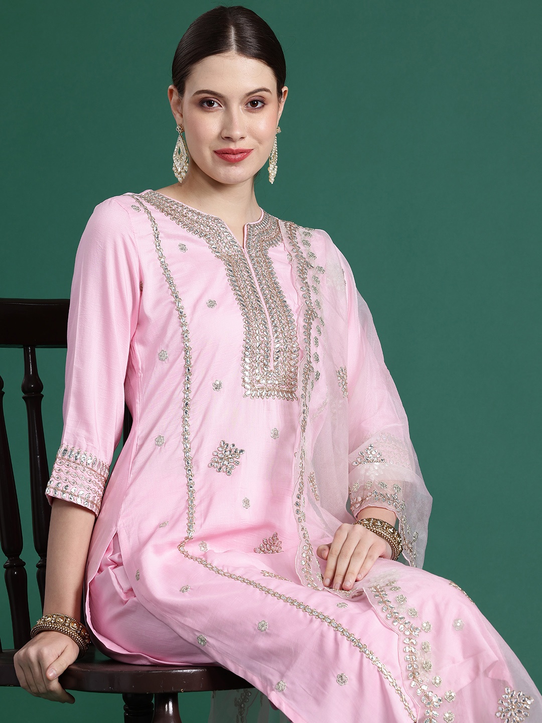 

Indo Era Ethnic Motifs Embroidered Panelled Gotta Patti Kurta With Trousers & Dupatta, Pink