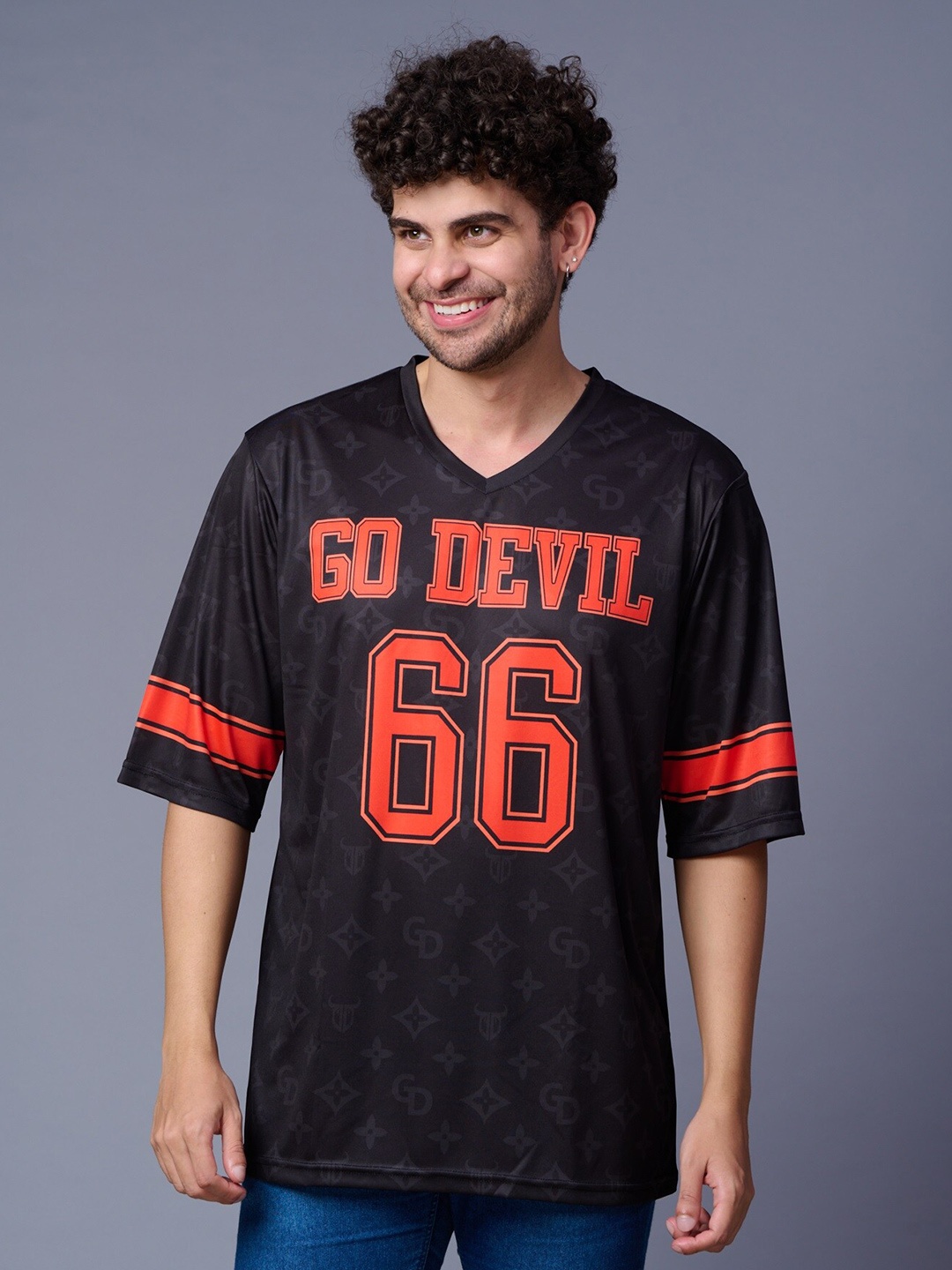 

GO DEVIL Typography Printed V Neck Drop-Shoulder Sleeves Cotton Regular T-shirt, Black