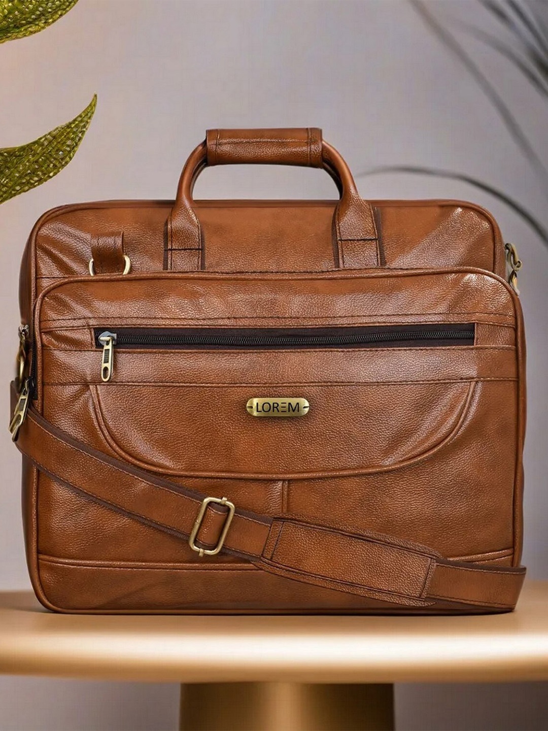

LOREM Unisex Textured Synthetic Leather Laptop Bag, Tan