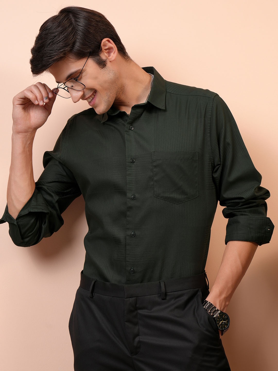 

Locomotive Men Dobby Textured Occasion Shirt, Green