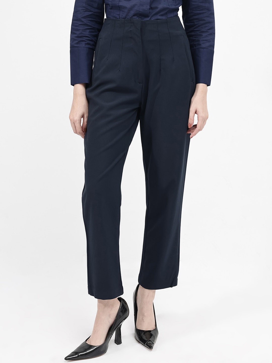 

RAREISM Women Tapered Fit High-Rise Trousers, Navy blue