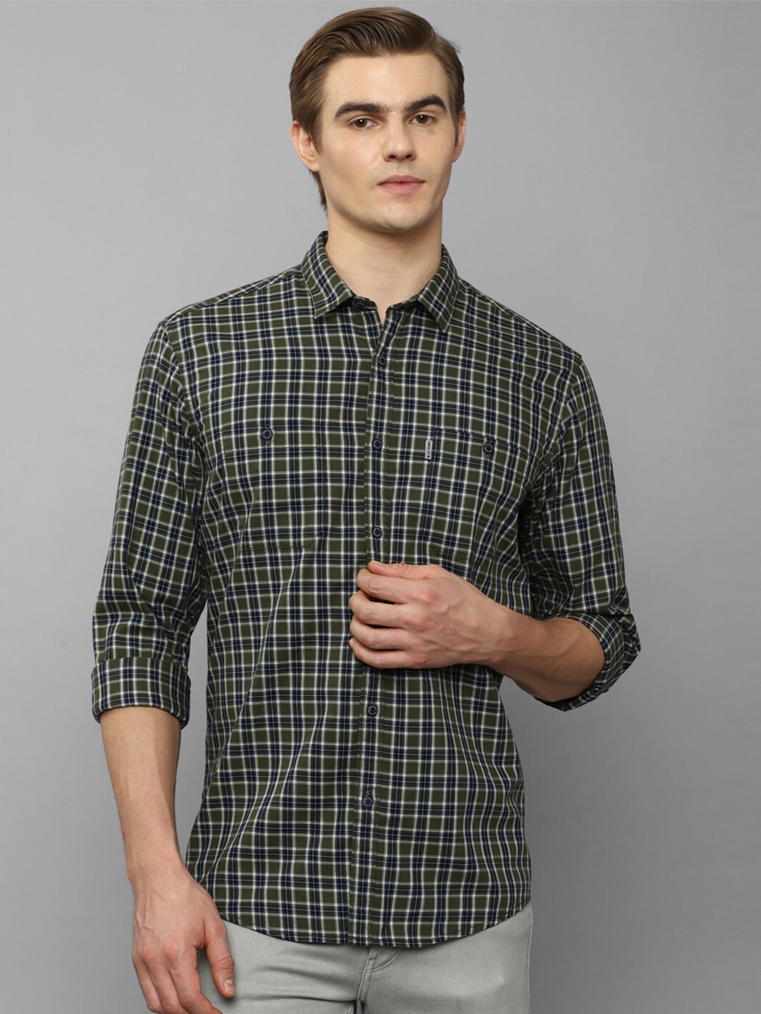 

Louis Philippe Jeans Men Slim Fit Opaque Checked Casual Shirt, Olive