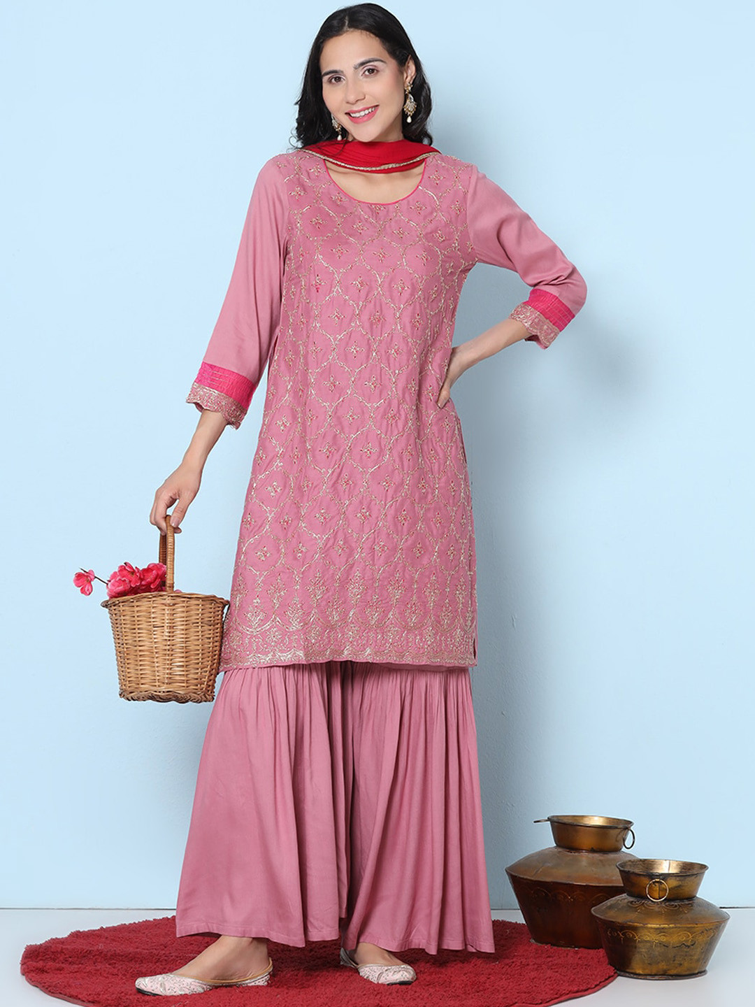 

Bhama Couture Floral Embroidered Thread Work Straight Kurta With Sharara & Dupatta, Pink