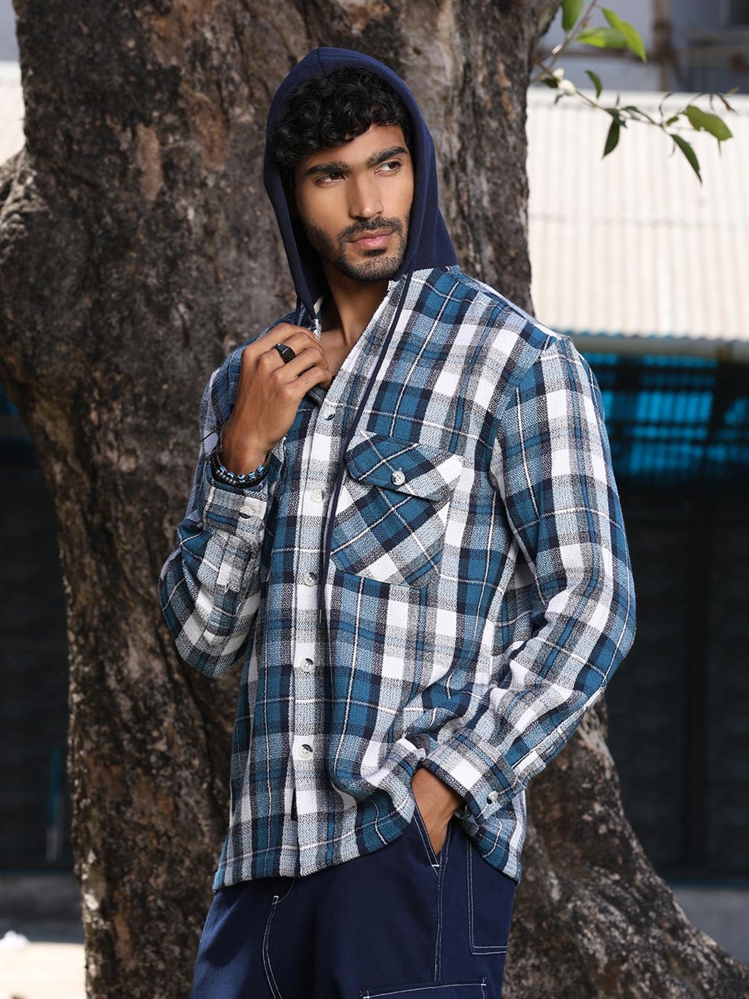 

The Roadster Lifestyle Co Checked Pure Cotton Hooded Oversized Shirt, Blue