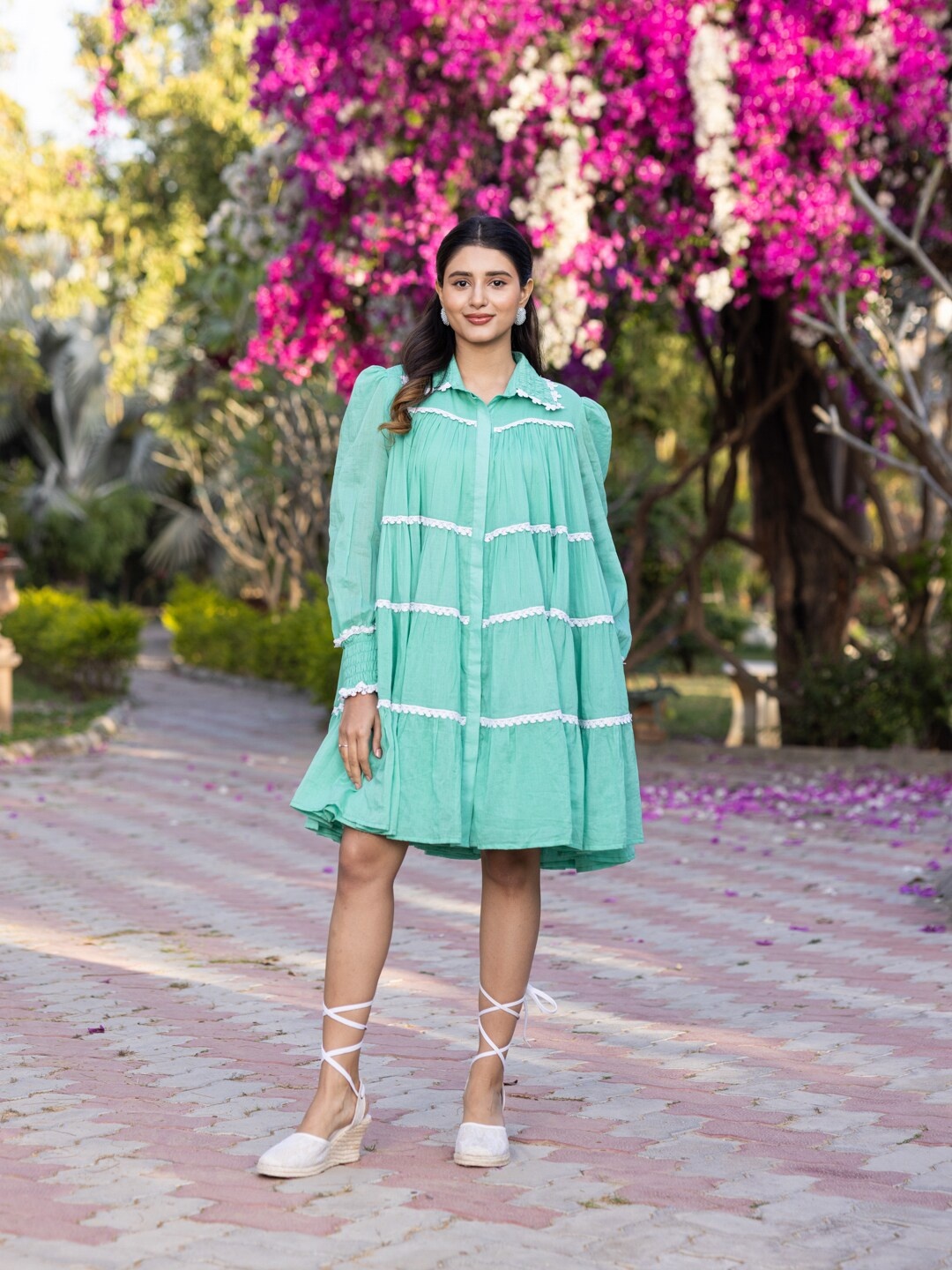 

Ambraee Women Shirt Collar Cuffed Sleeves Striped Lace Inserts A-Line Dress, Green