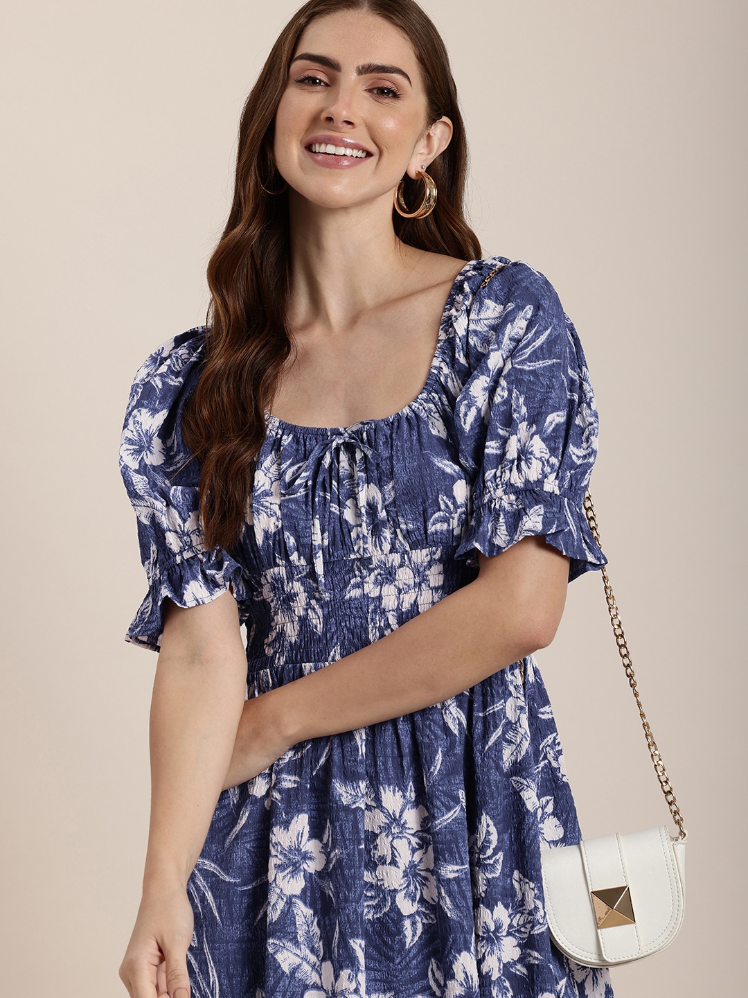 

HERE&NOW Floral Print Puff Sleeve Maxi Dress, Blue