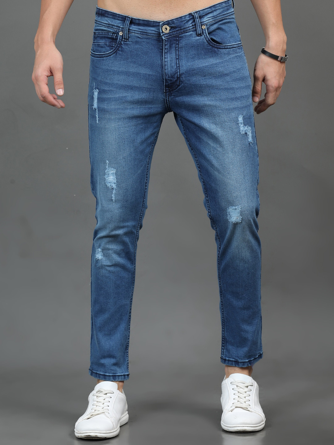 

PAUL STREET Men Slim Fit Low Distress Light Fade Stretchable Jeans, Blue