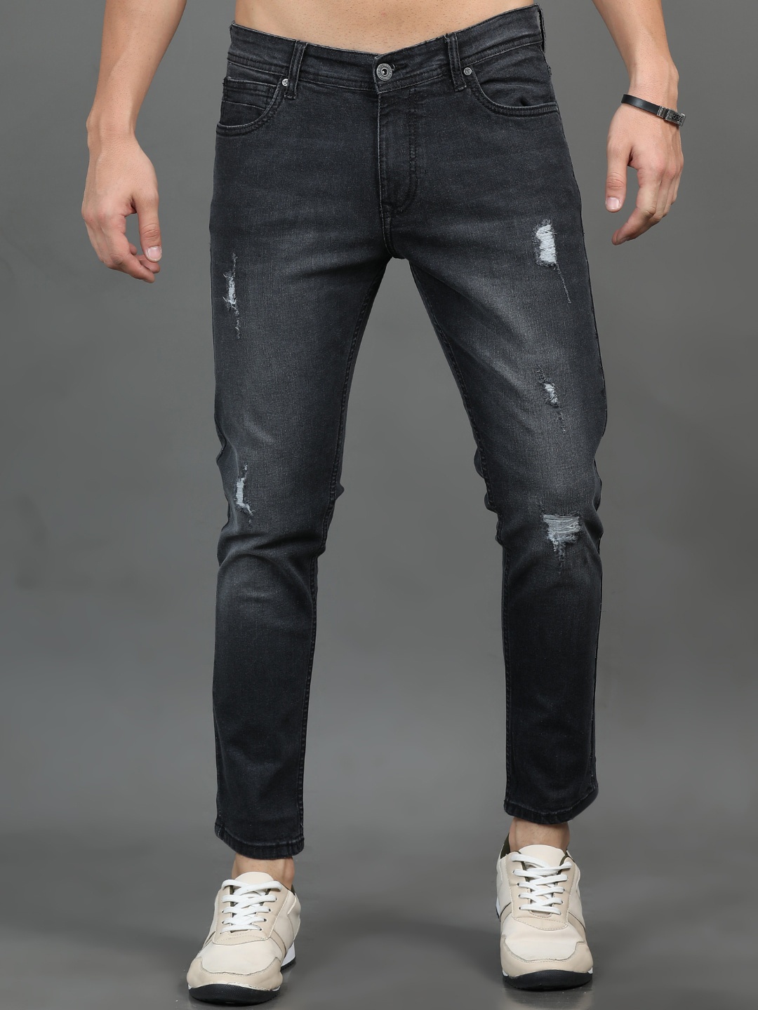 

PAUL STREET Men Slim Fit Mildly Distressed Light Fade Stretchable Jeans, Charcoal