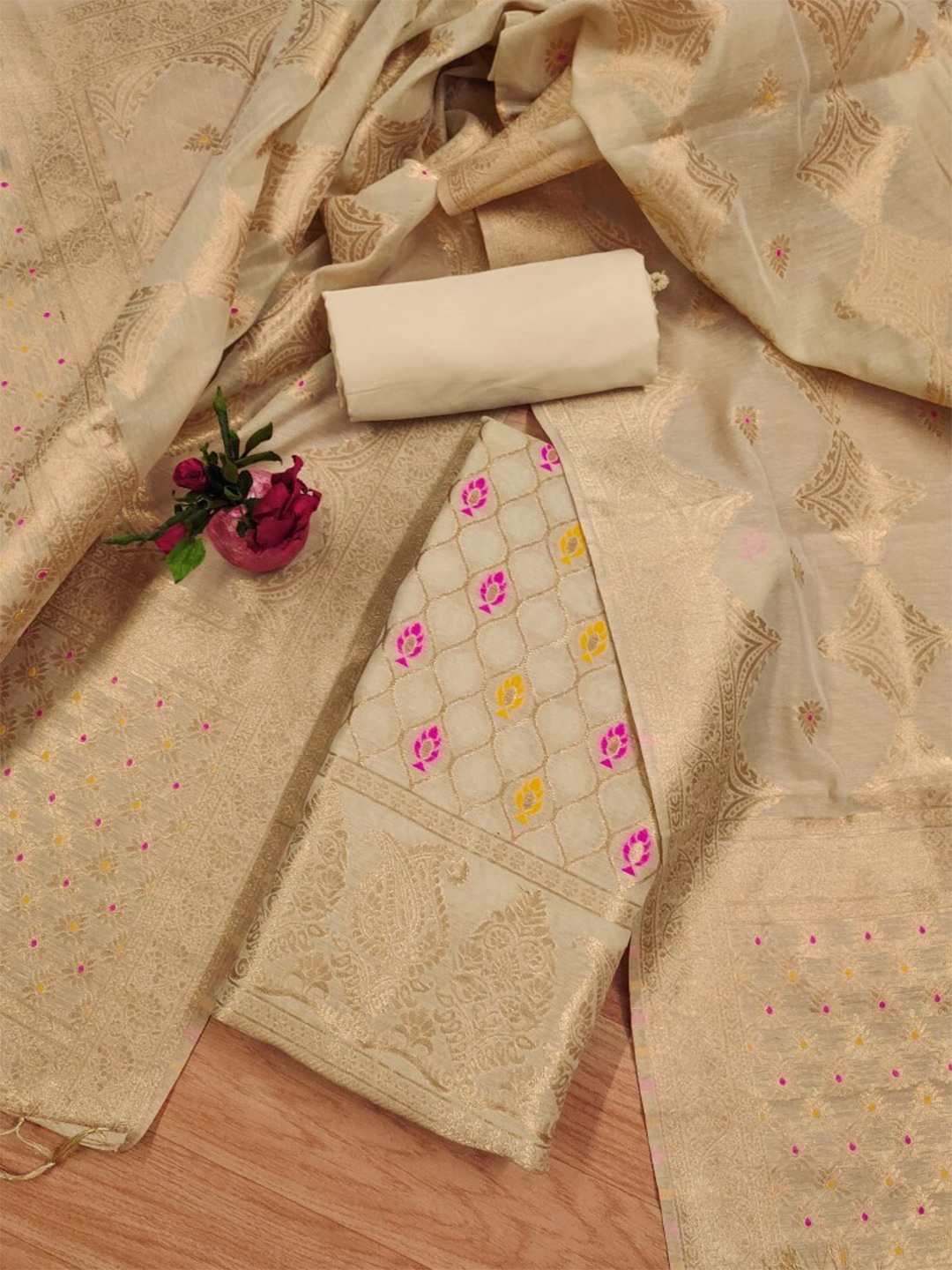 

KALINI Ethnic Motifs Woven Design Banarasi Silk Art Silk Unstitched Dress Material, Cream