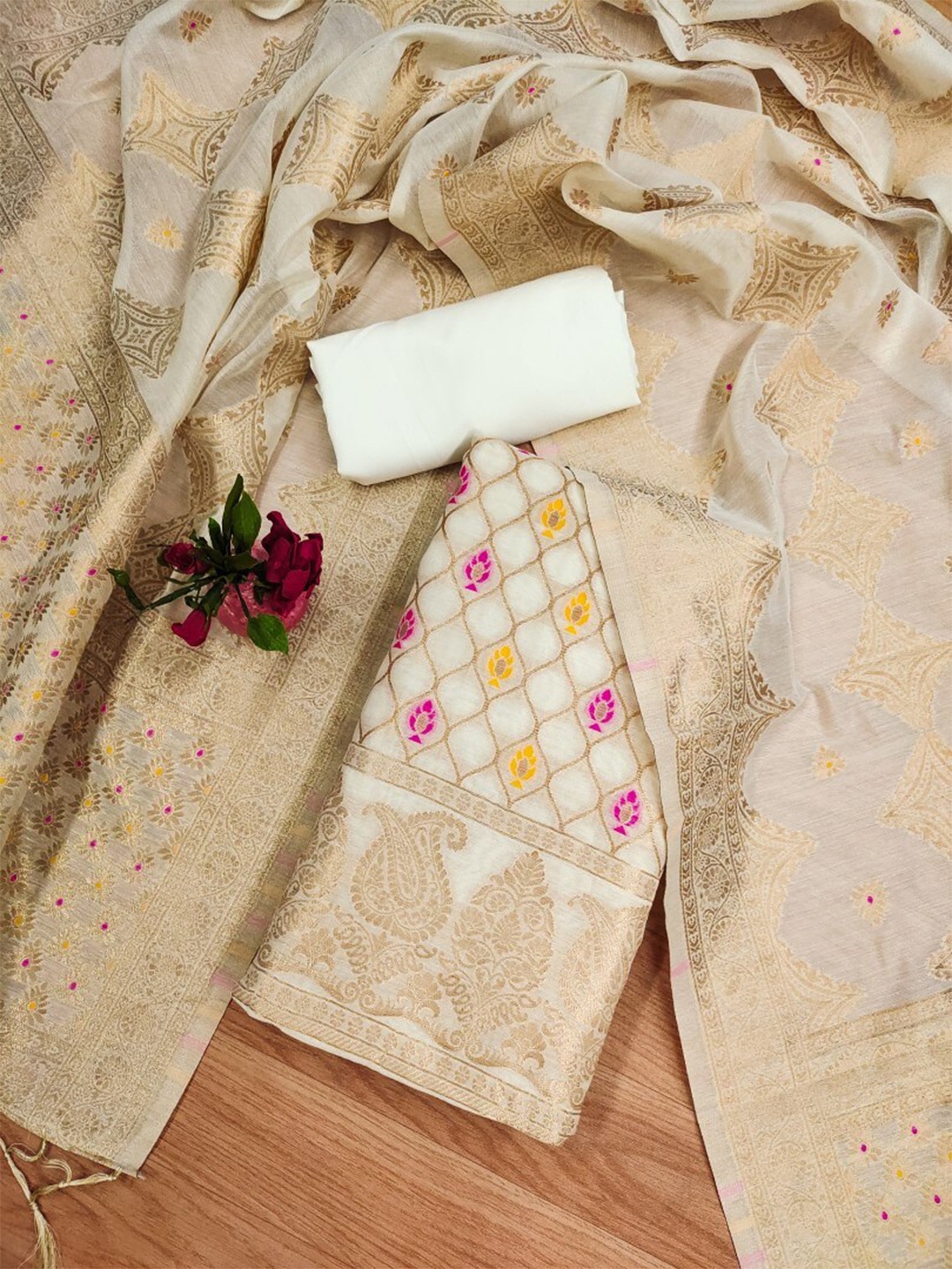 

KALINI Floral Woven Design Zari Pure Chanderi Banarasi Silk Unstitched Dress Material, White