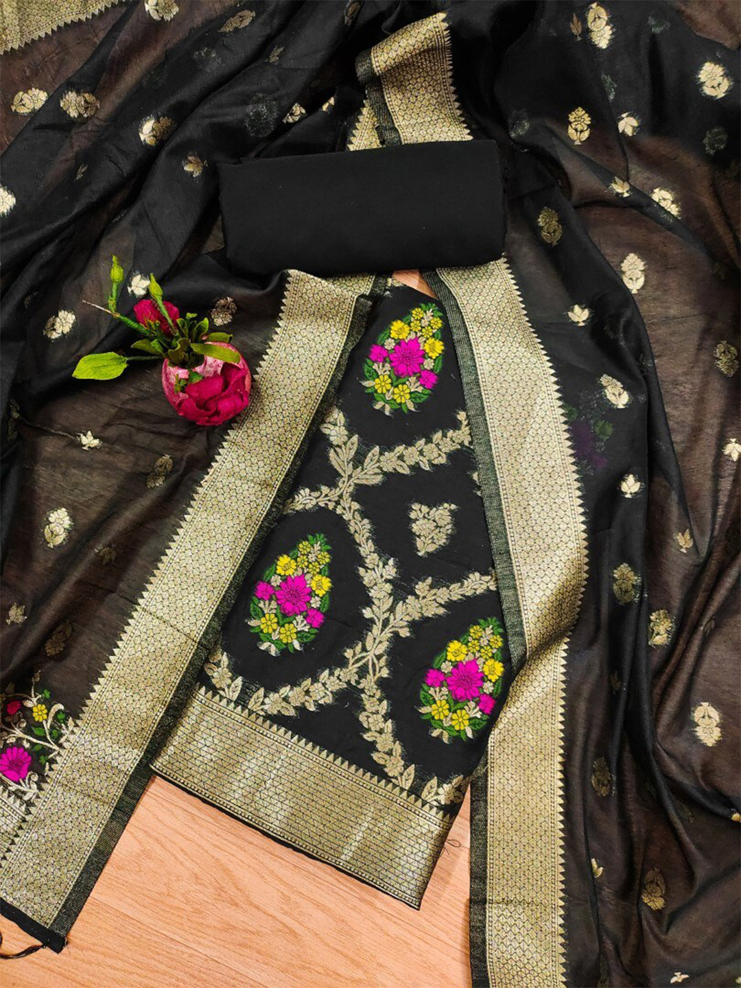 

KALINI Floral Woven Design Zari Pure Chanderi Banarasi Silk Unstitched Dress Material, Black