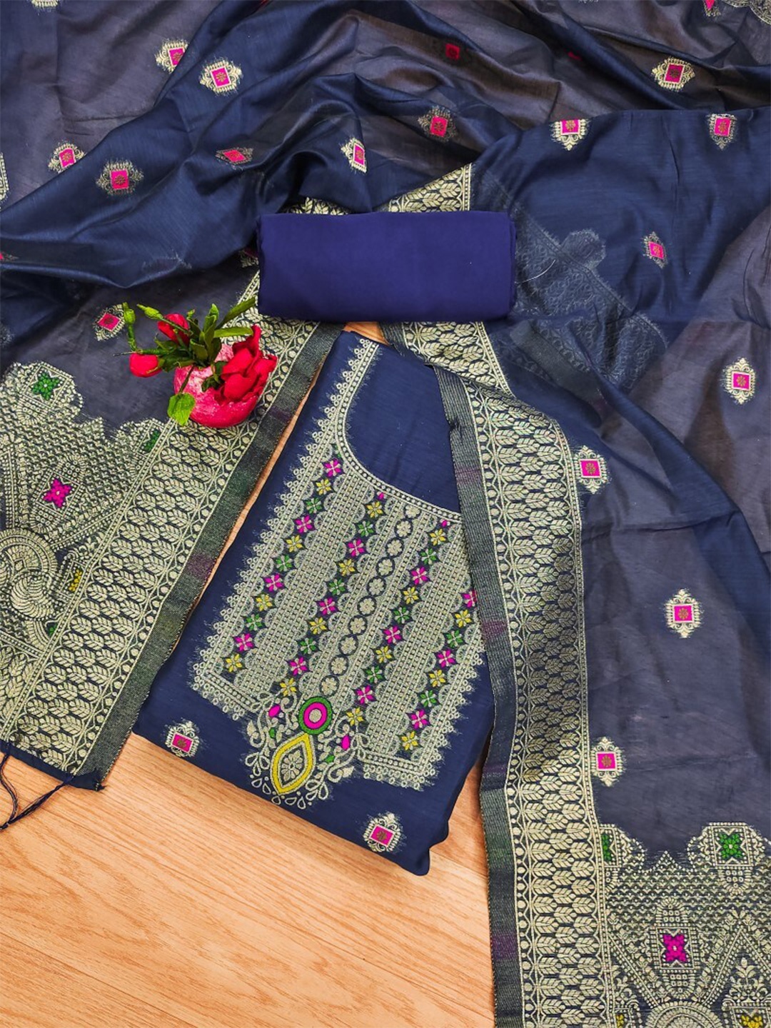 

KALINI Floral Woven Design Zari Pure Chanderi Banarasi Silk Unstitched Dress Material, Blue