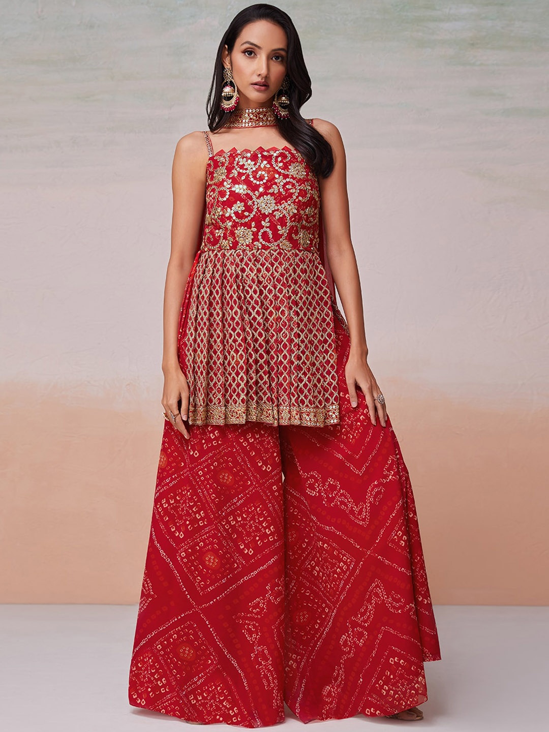 

Fusionic Ethnic Motifs Embroidered Pleated Sequinned A-Line Kurti With Palazzos & Dupatta, Red