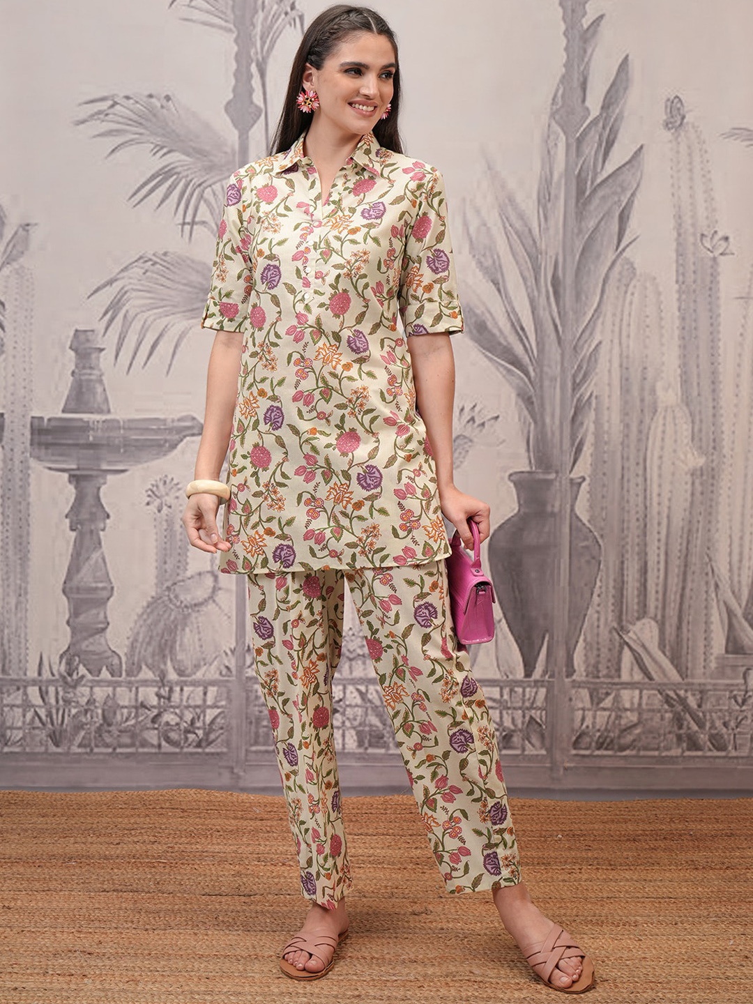 

Vishudh Cream Coloured Floral Printed Pure Cotton Tunic With Trousers