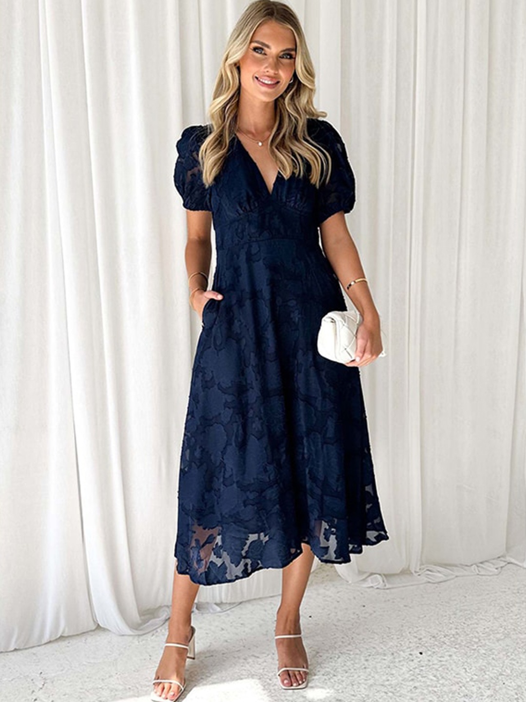 

StyleCast x Revolte Women V-Neck Puff Sleeves Floral Self Design Fit & Flare Midi Dress, Navy blue