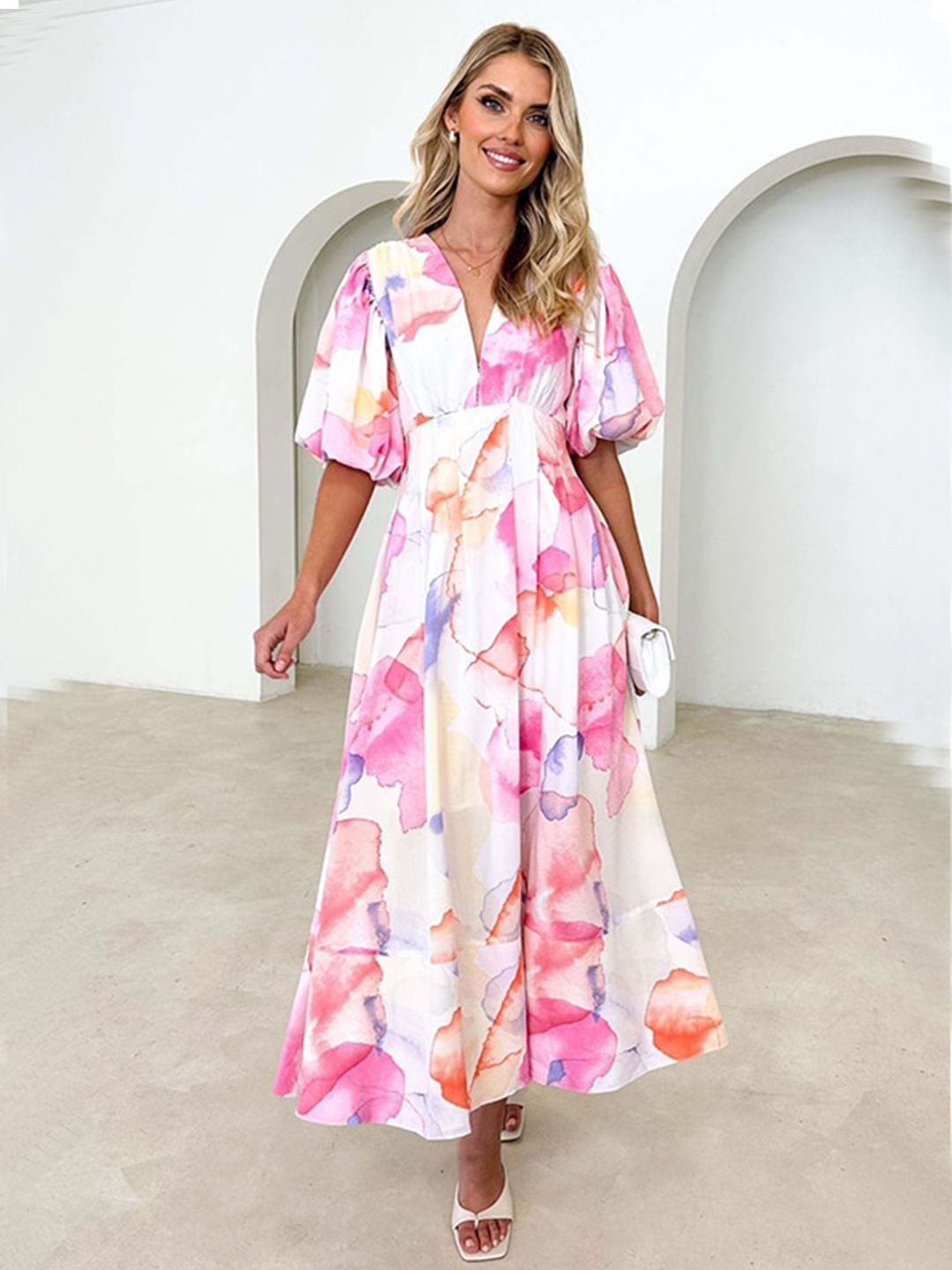 

StyleCast x Revolte Women V-Neck Puff Sleeves Abstract Print Maxi Dress, Pink