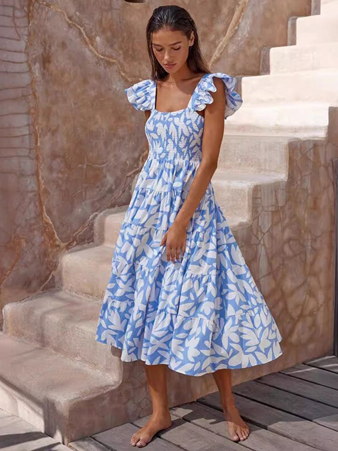 

StyleCast x Revolte Women Print Layered A-Line Midi Dress, Blue