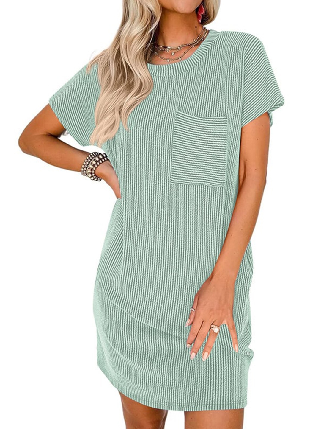 

StyleCast x Women Boat Neck Extended Sleeves Striped Printed T-shirt Dress, Green