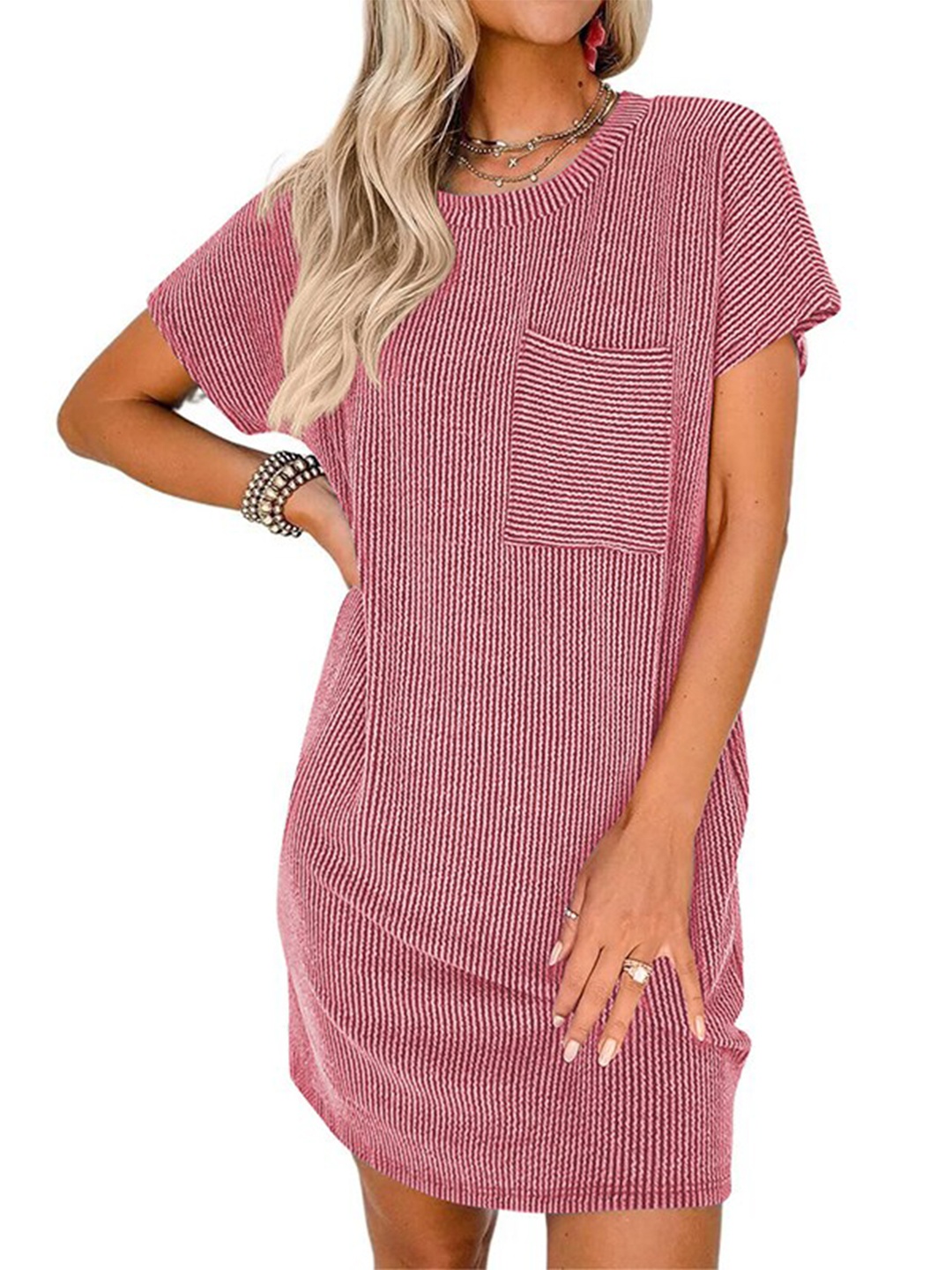 

StyleCast x Revolte Women Boat Neck Striped Printed T-shirt Dress, Pink
