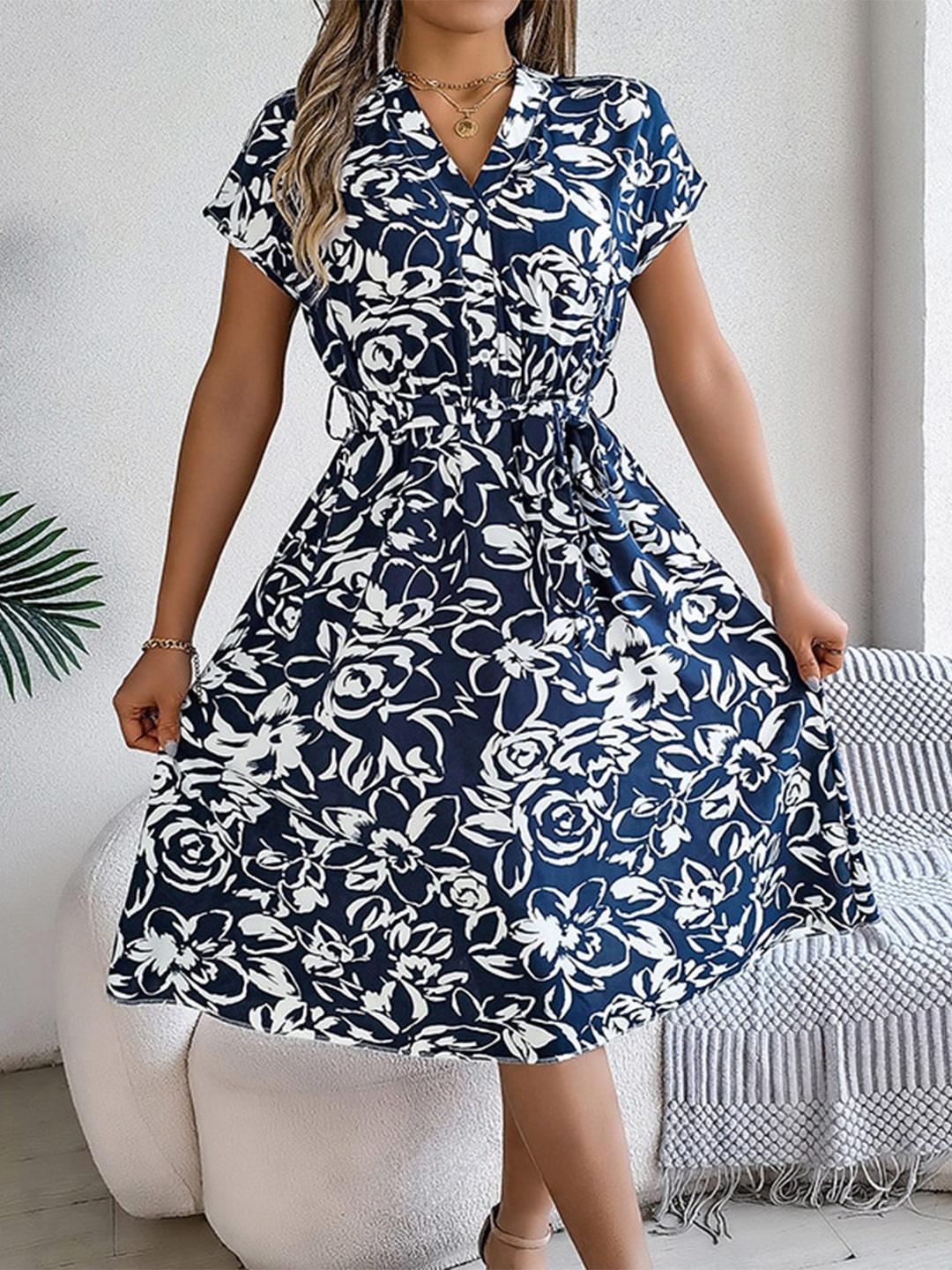 

StyleCast x Revolte Women V-Neck Floral Print Fit & Flare Midi Dress, Navy blue