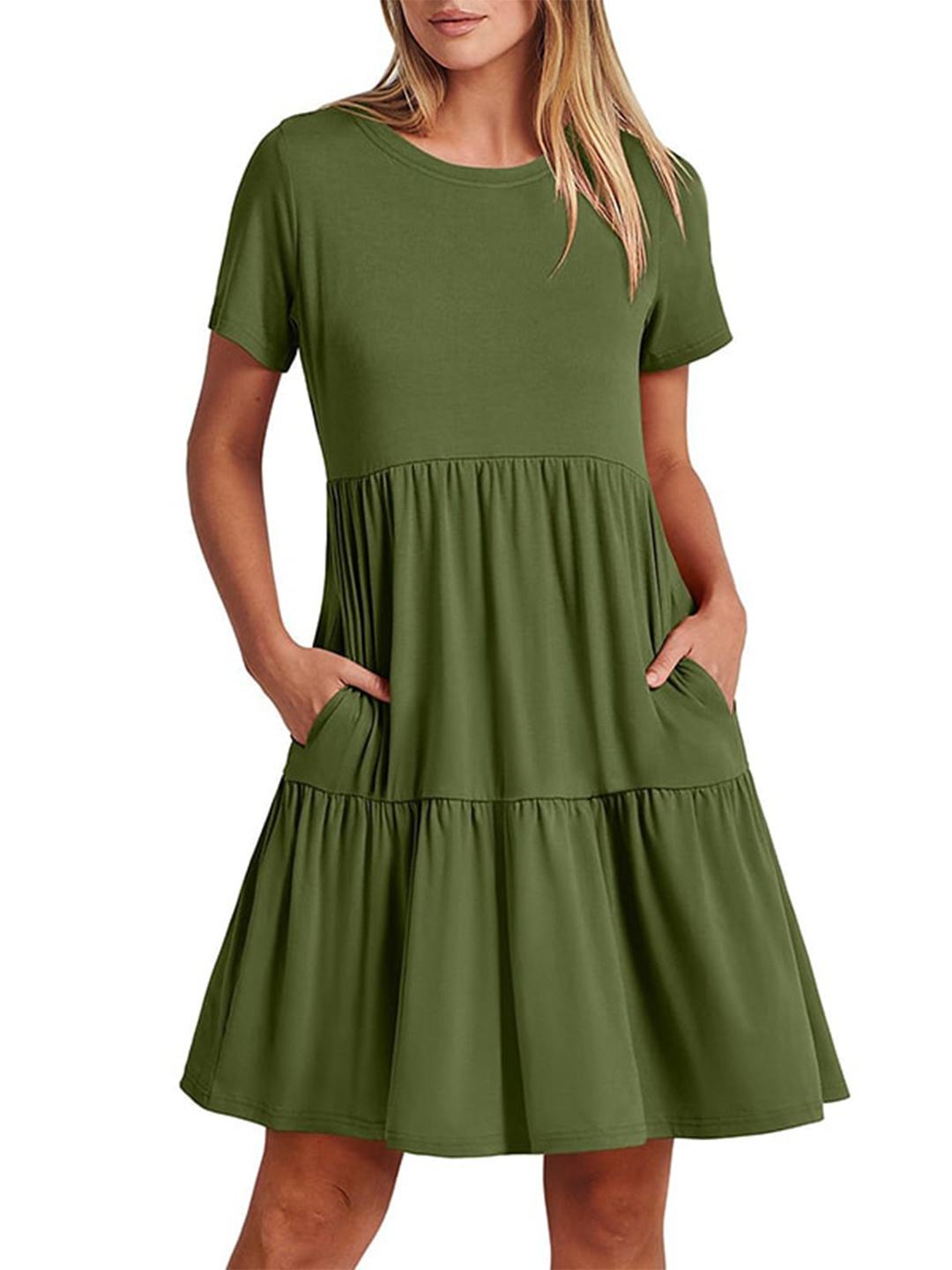 

StyleCast x Revolte Women Boat Neck Solid Layered Fit & Flare Dress, Green