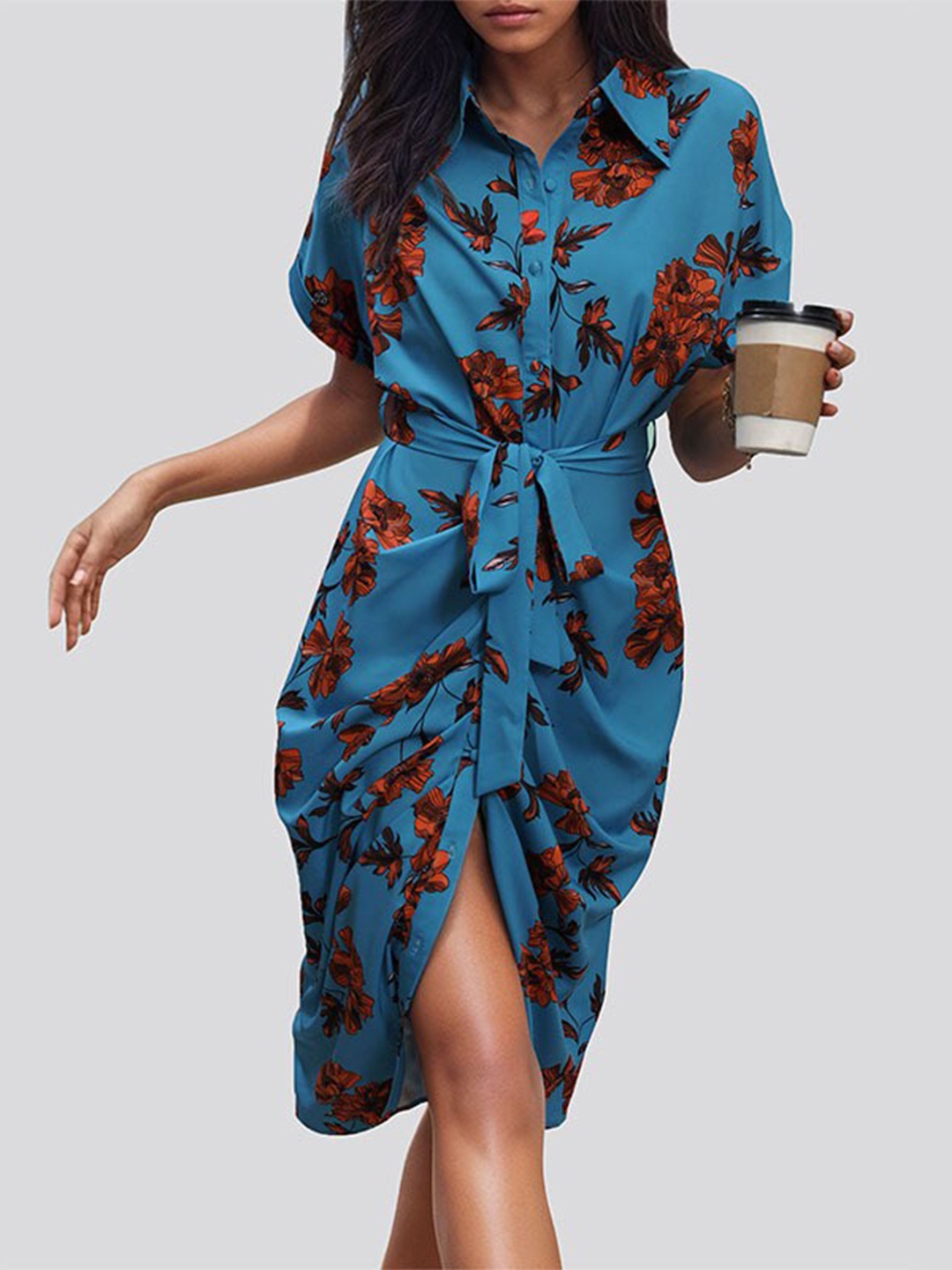 

StyleCast x Revolte Women Shirt Collar Extended Sleeves Floral Print Side Tape Shirt Dress, Blue