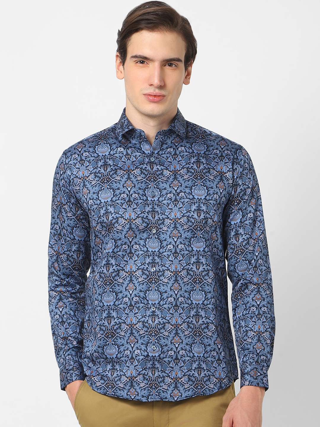 

V Dot Men Slim Fit Floral Opaque Printed Party Shirt, Blue