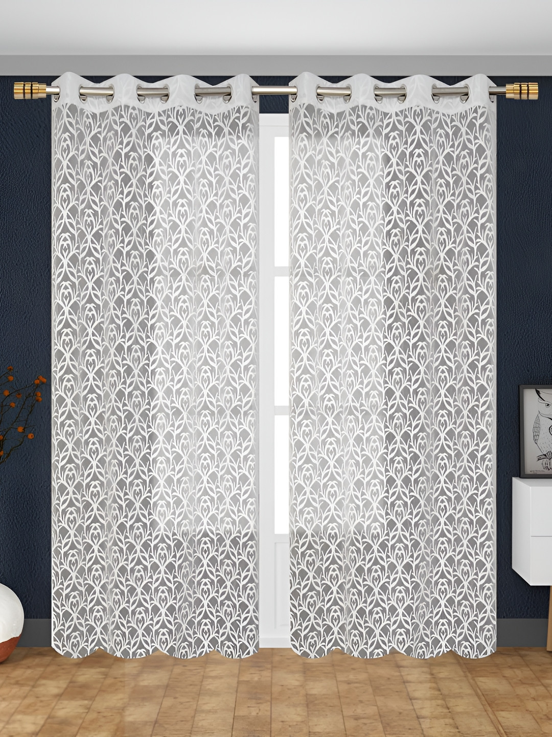 

RIDHAAN White 2 Pieces Floral Sheer Long Door Curtains