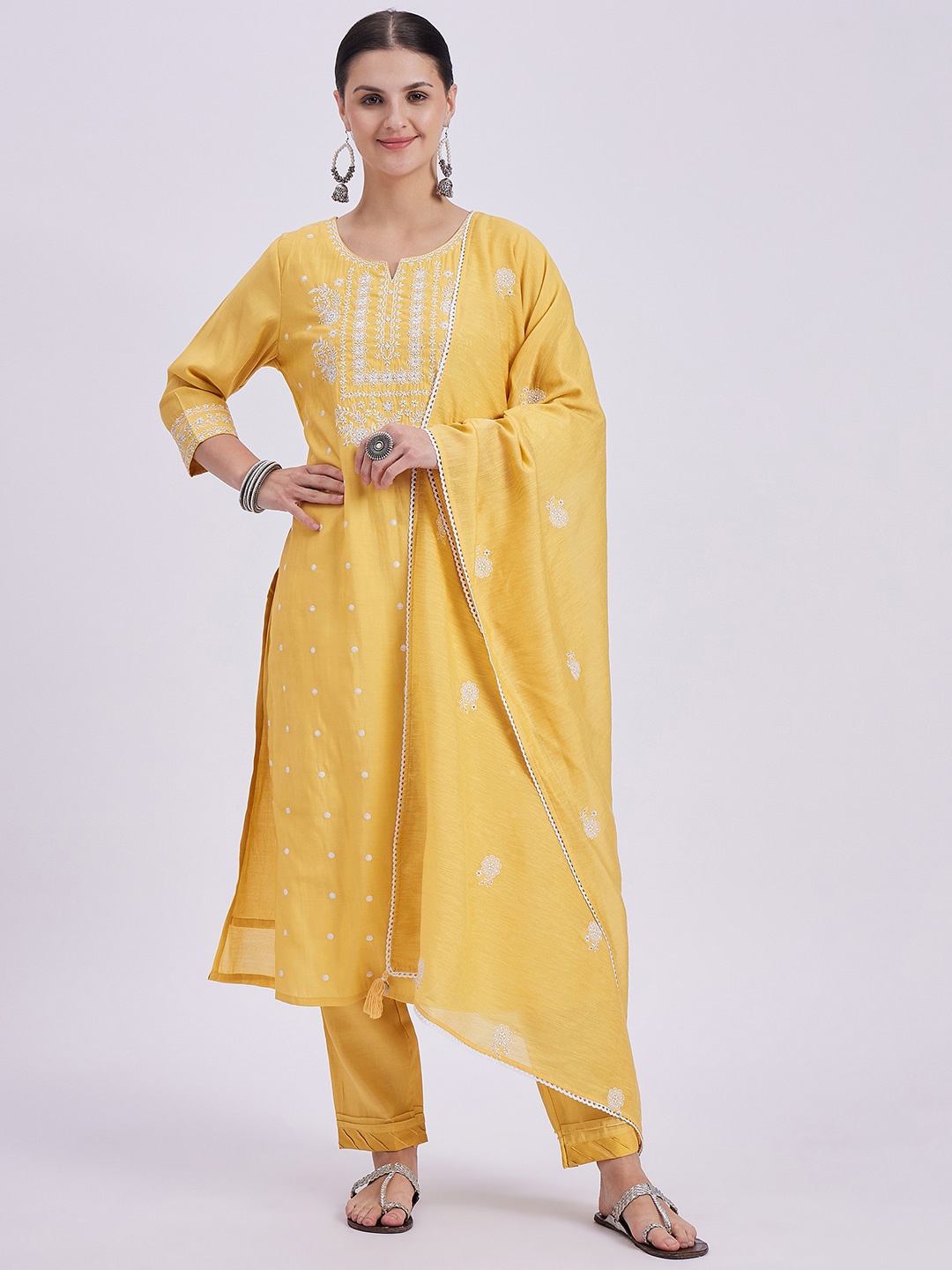 

Knitstudio Ethnic Motifs Embroidered Regular Thread Work Kurta with Trousers & Dupatta, Mustard