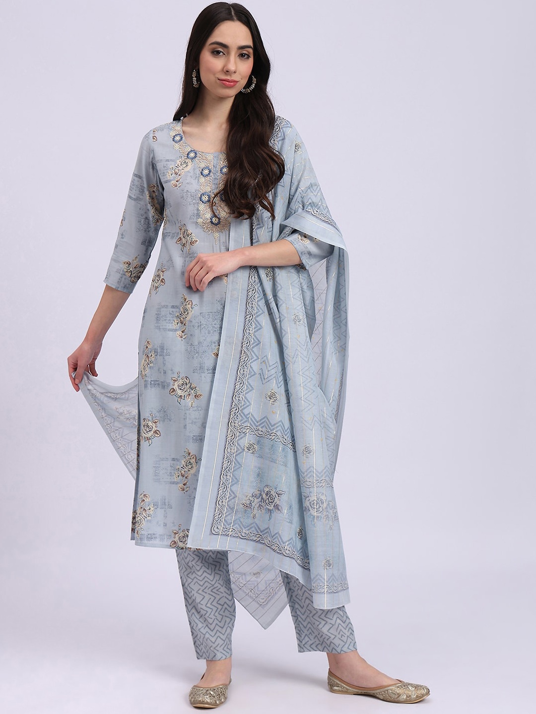 

Knitstudio Embroidered Regular Thread Work Kurta with Trousers & Dupatta, Blue