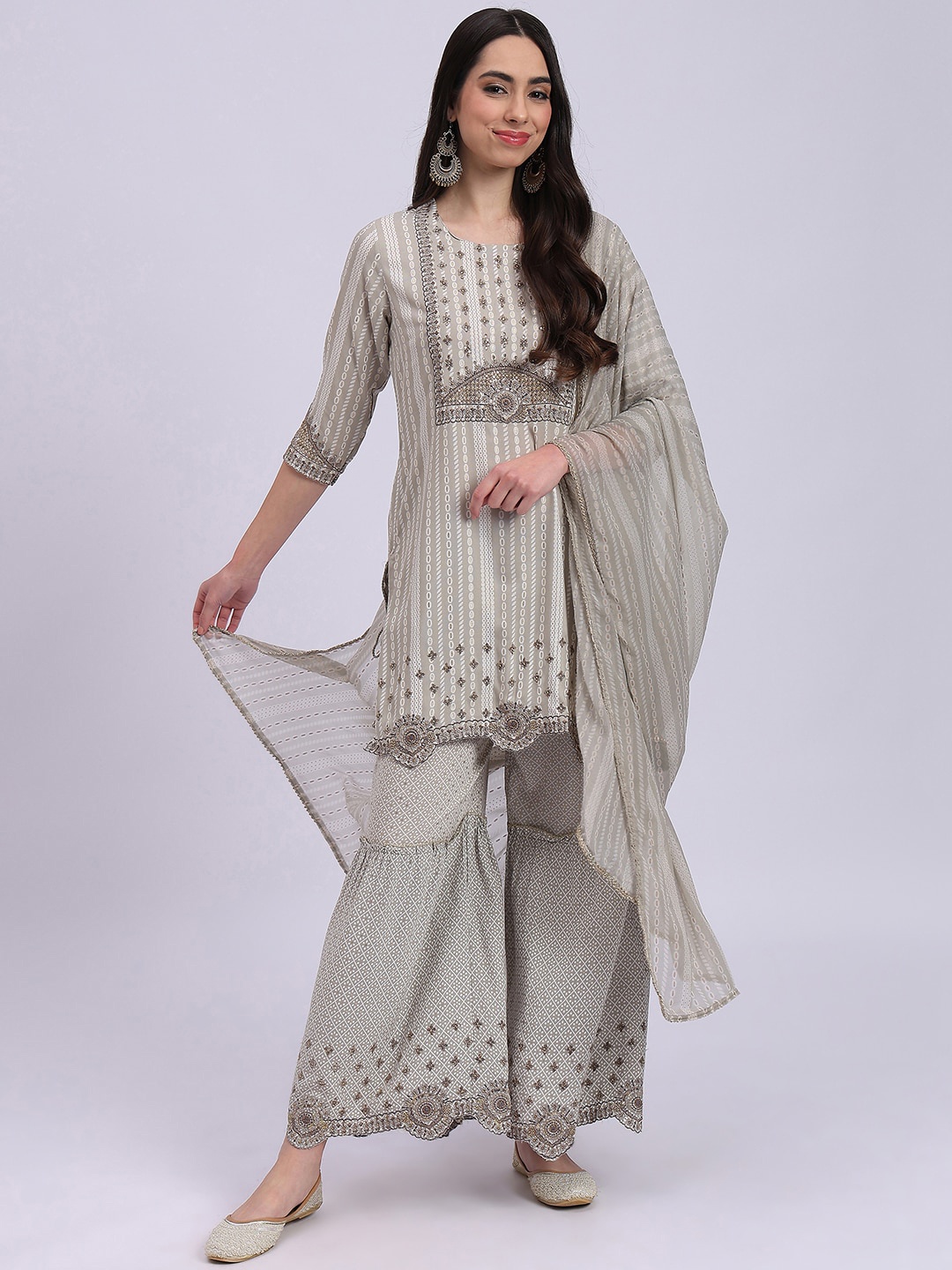 

Knitstudio Ethnic Motifs Embroidered Regular Mukaish Kurti with Sharara & With Dupatta, Grey