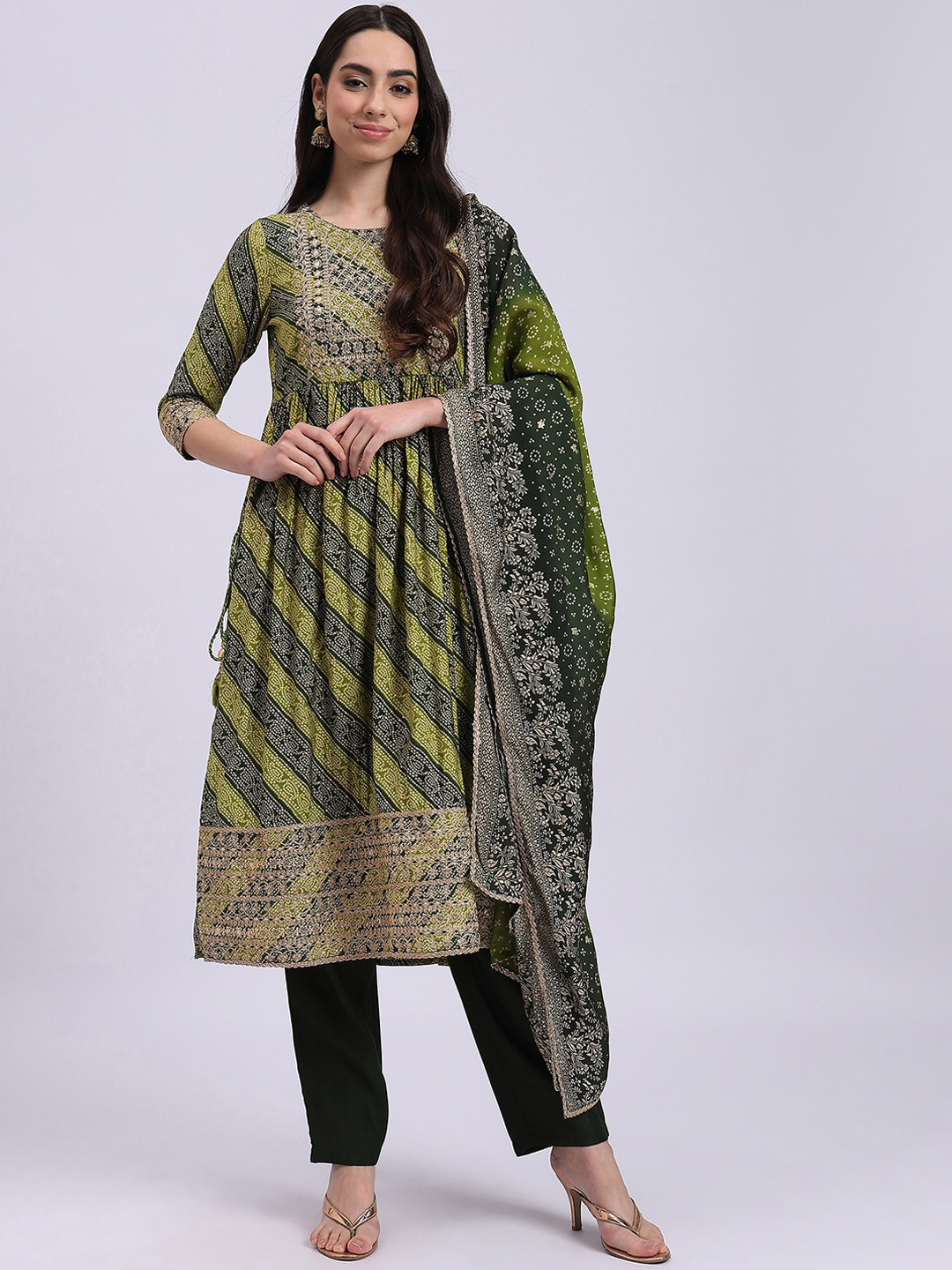 

Knitstudio Ethnic Motifs Embroidered Empire Anarkali Kurta With Trousers & Dupatta, Green