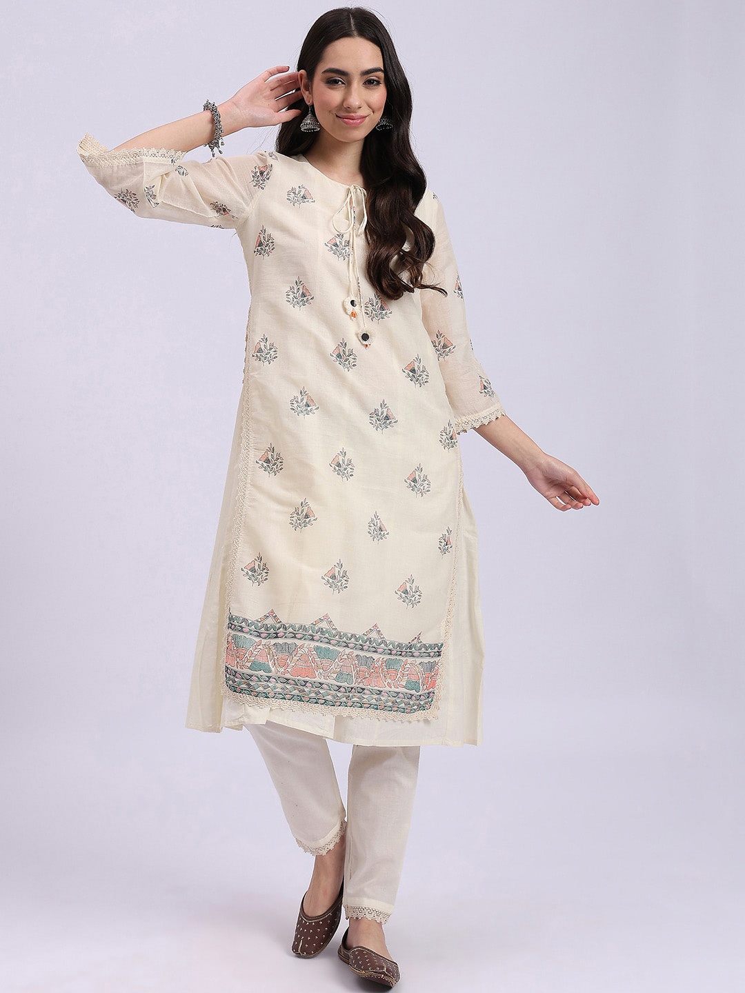 

Knitstudio Ethnic Motifs Printed Tie-Up Neck Regular Kurta With Trouser, Beige