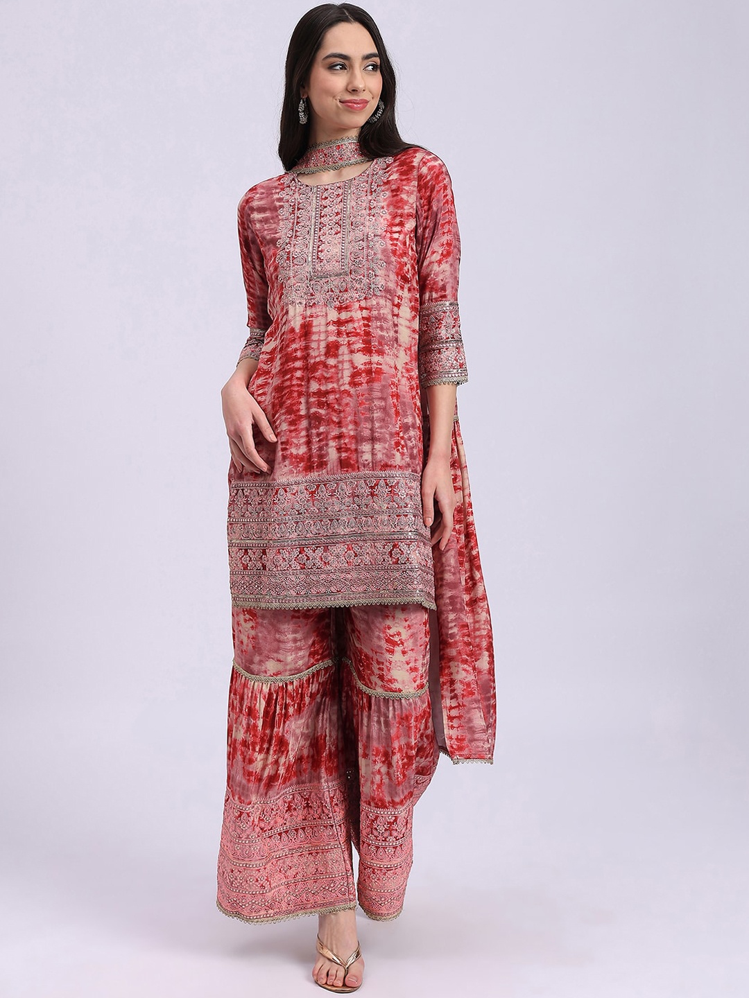 

Knitstudio Ethnic Motifs Embroidered Regular Mukaish Kurta with Sharara & Dupatta, Red