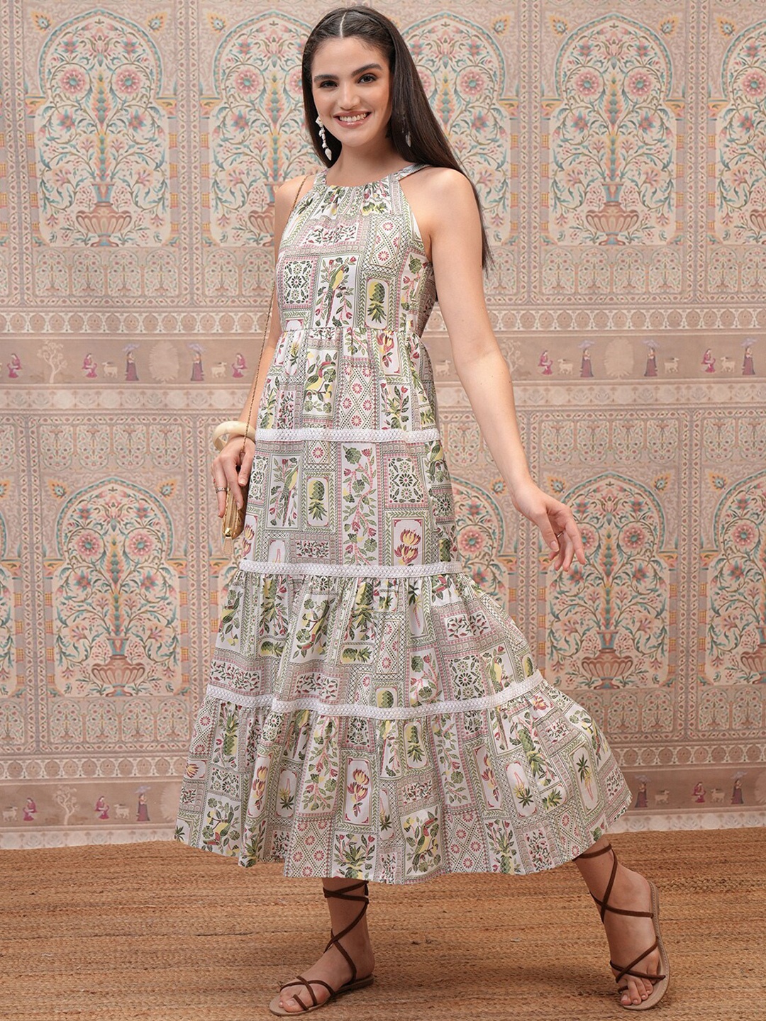 

Vishudh Women Halter Neck Ethnic Motifs Print Layered Empire Midi Dress, White