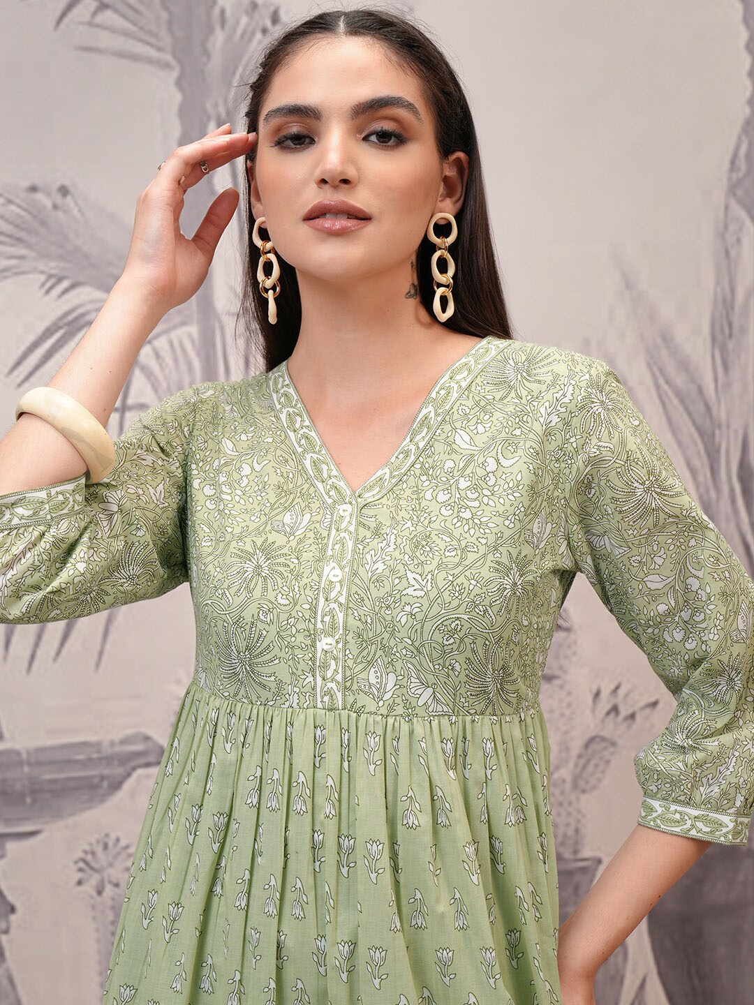 

Vishudh Women V-Neck Floral Print Gathered or Pleated Fit and Flare Dress, Green