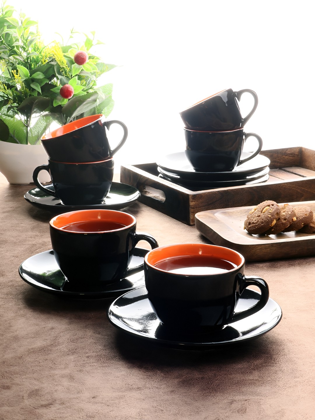 

Aura Black 12 Pieces Ceramic Glossy Cup Saucer Set