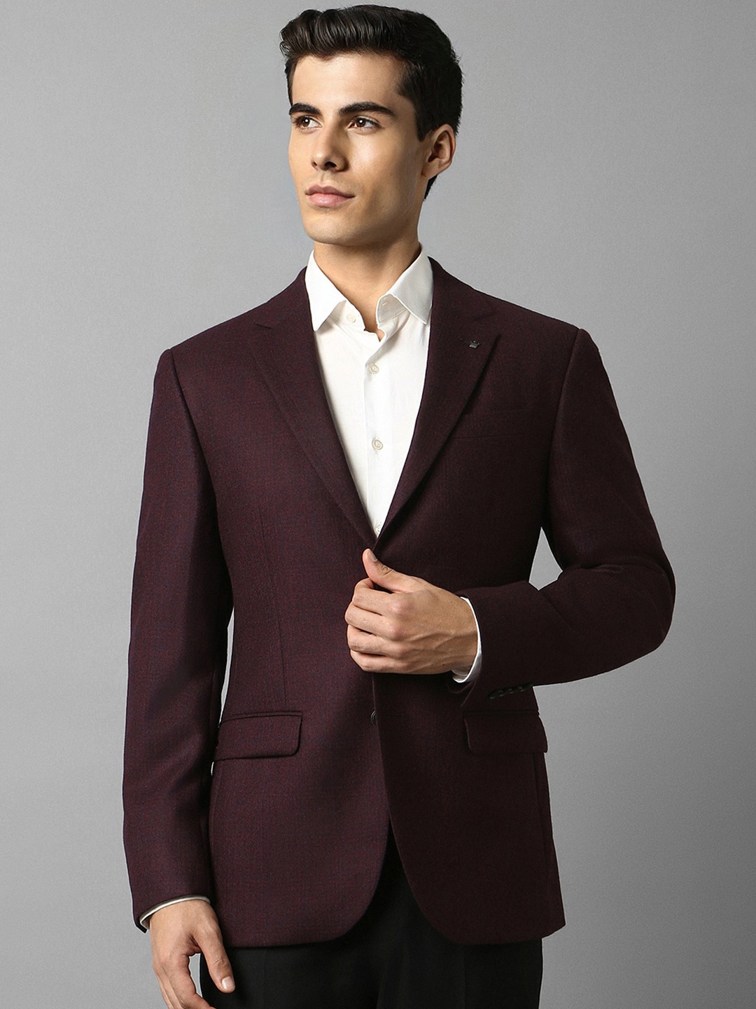 

Louis Philippe Textured Self Design Notched Lapel Collar Woolen Single-Breasted Blazer, Purple