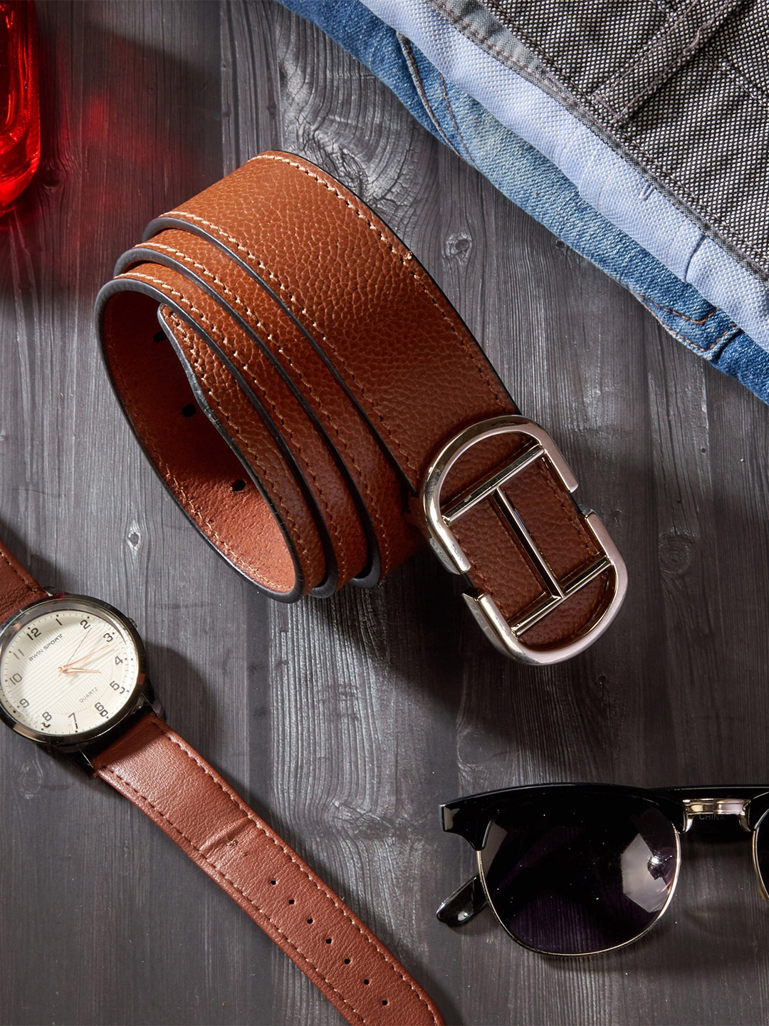 

KEZRO Men Textured Leather Belt, Tan