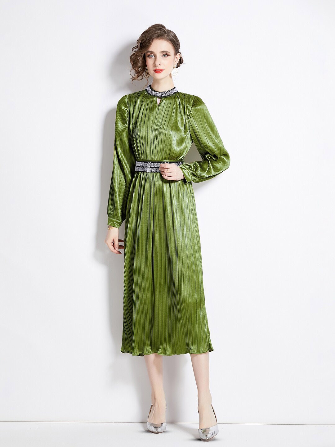 

JC Collection Round Neck Cuffed Sleeves Shirt Midi Dress, Green