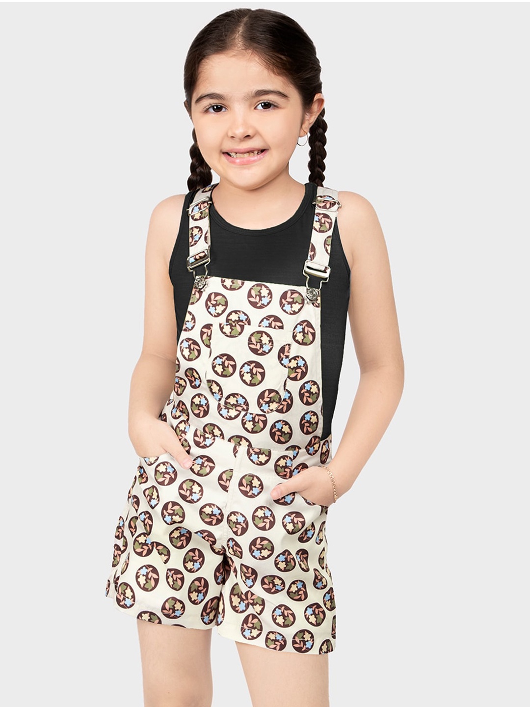 

BAESD Girls Printed Dungaree With T-shirt, Beige
