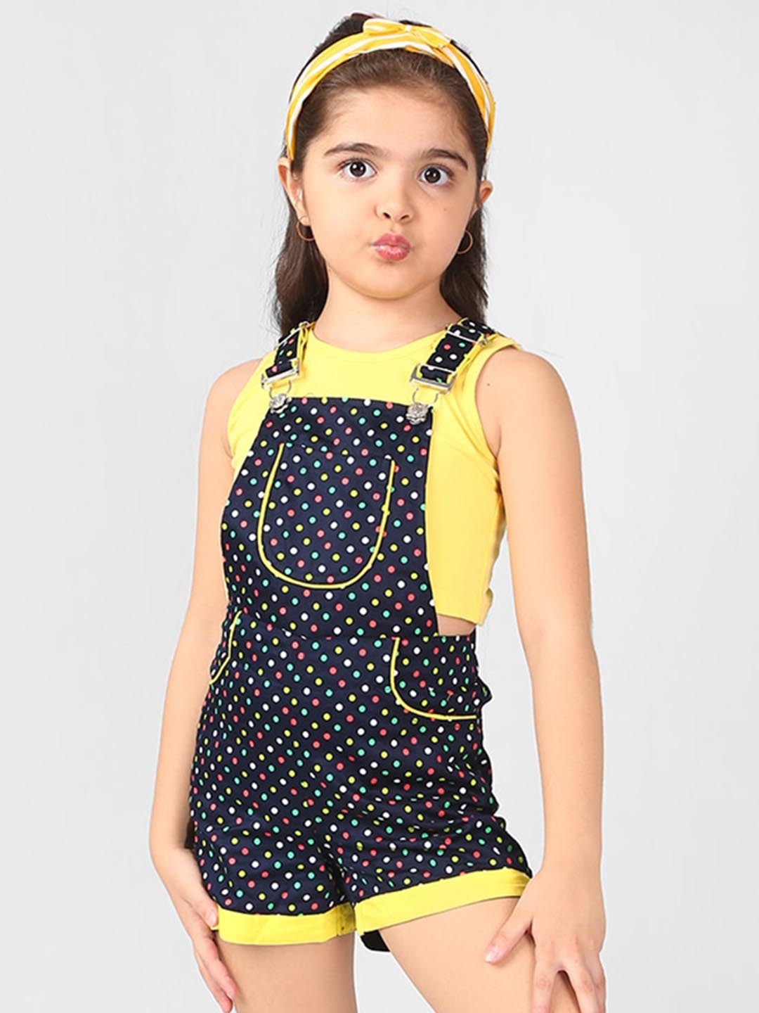 

BAESD Girls Polka Dot Printed Dungaree With T-shirt, Navy blue