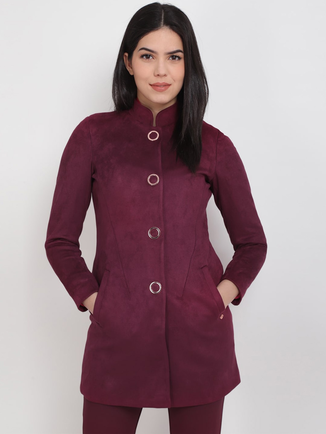 

Allen Solly Woman Women Longline Tailored Jacket with Patchwork, Maroon