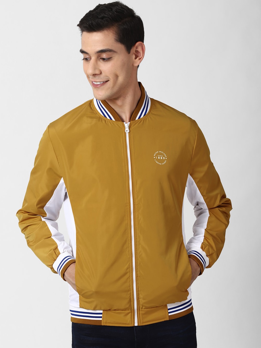 

Peter England Casuals Men Colourblocked Bomber with Embroidered Jacket, Yellow