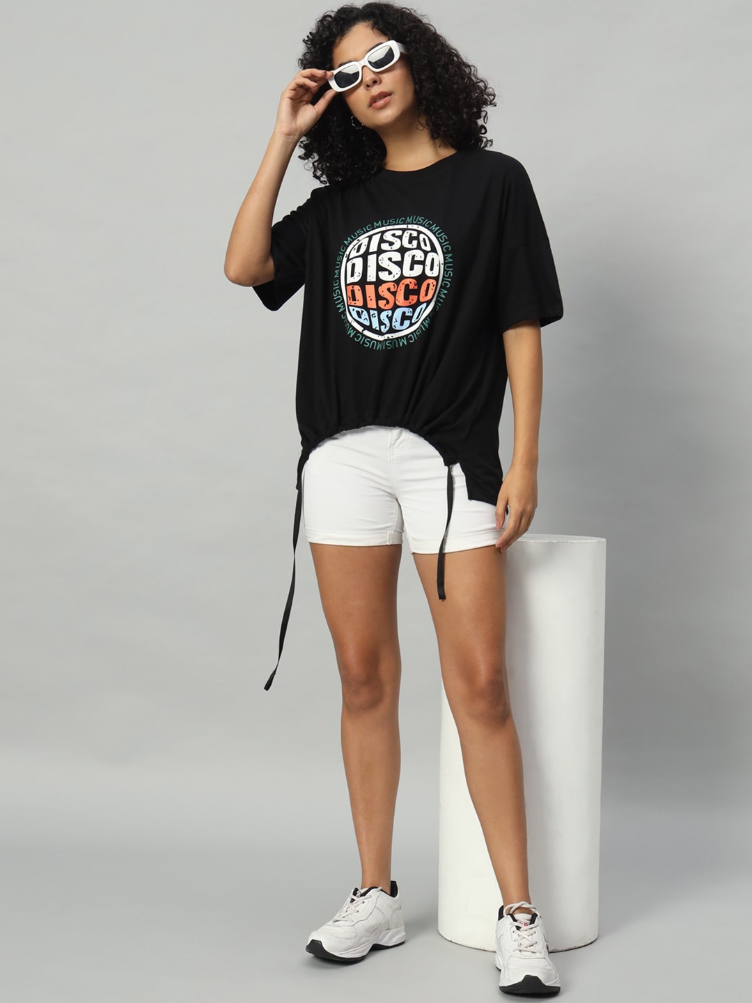 Funday Fashion Women Typography Printed Applique T-shirt, Black
