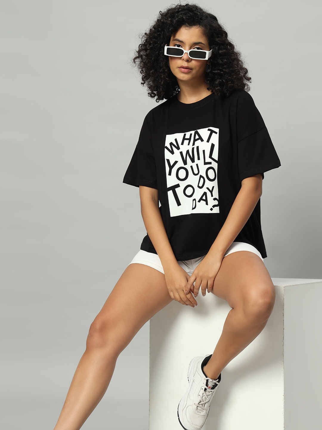 Funday Fashion Women Typography Printed Applique T-shirt, Black