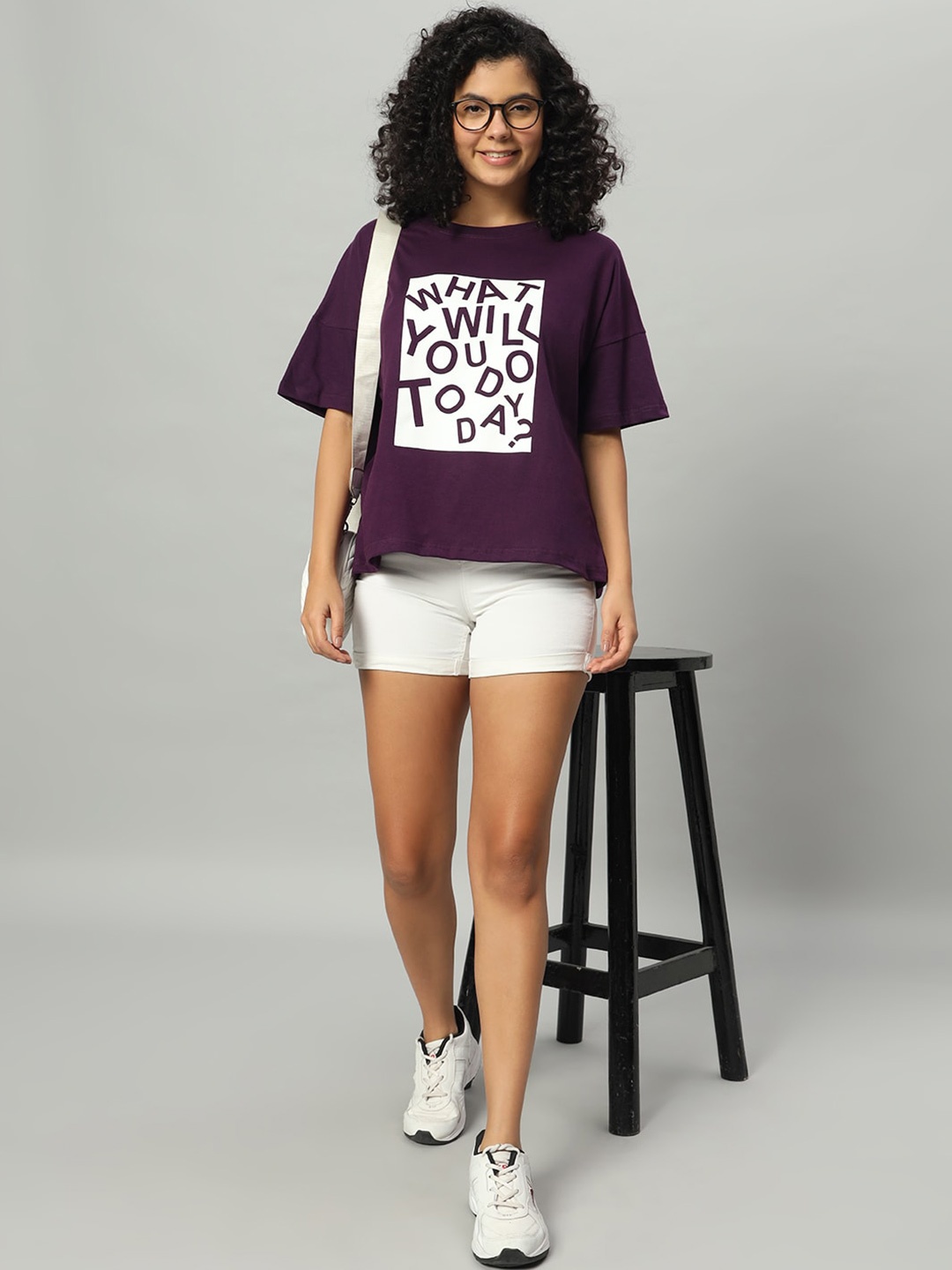 

Funday Fashion Women Typography Printed Raw Edge T-shirt, Purple