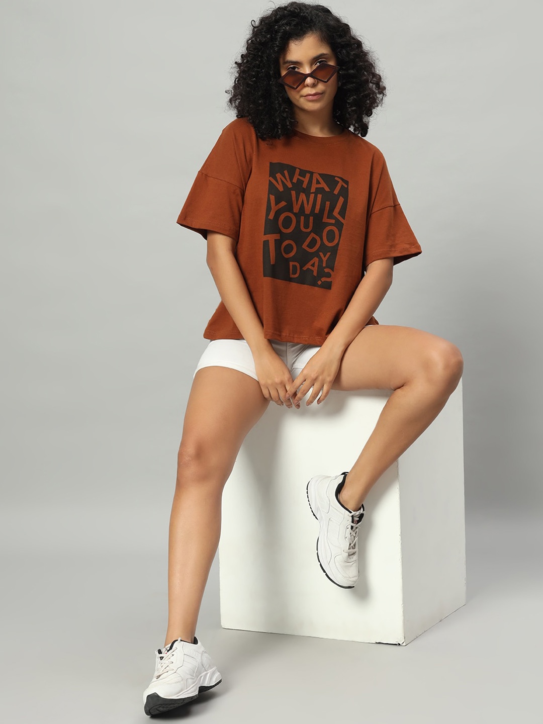 Funday Fashion Women Typography Printed Pockets T-shirt, Brown