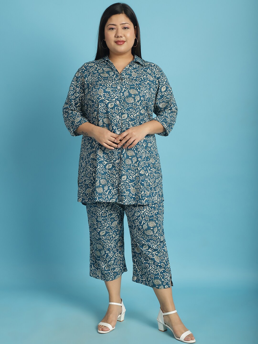 

theRebelinme Plus Size Floral Printed Shirt Collar Shirt with Capris, Teal